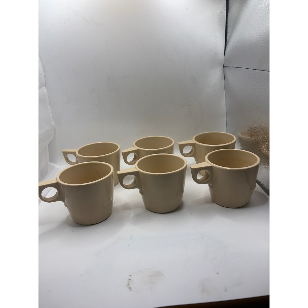 Vintage Dallas Ware Tan Melamine Coffee Mugs Set‎ of 6 Stackable MCM C-45 USA